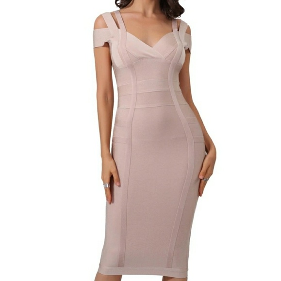 MK Boutique Dresses & Skirts - Last Small•Cold Shoulder Midi Bandage Dress Nude